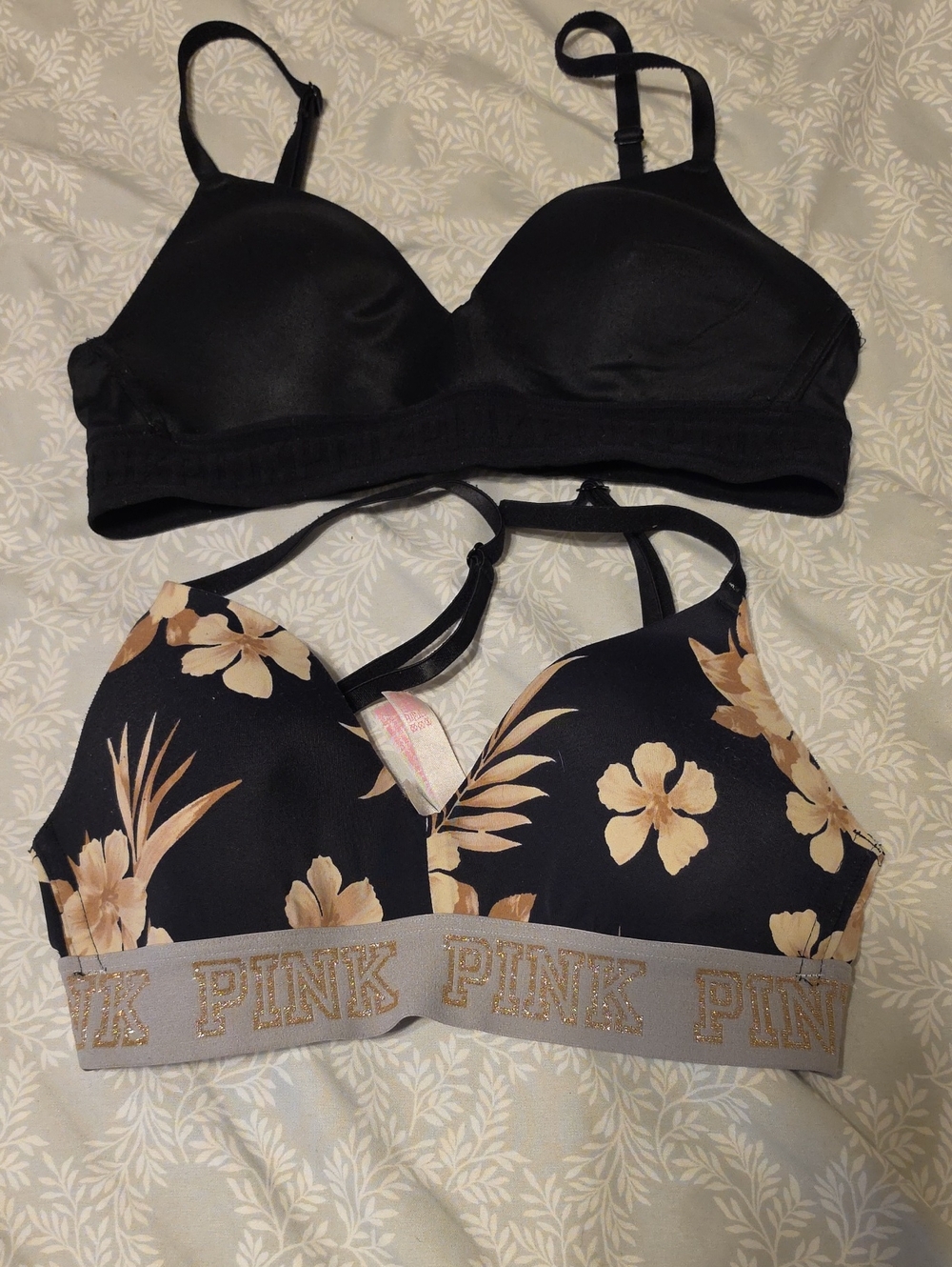 PINK Victoria's Secret Black Floral & Beige Logo Bralette Set